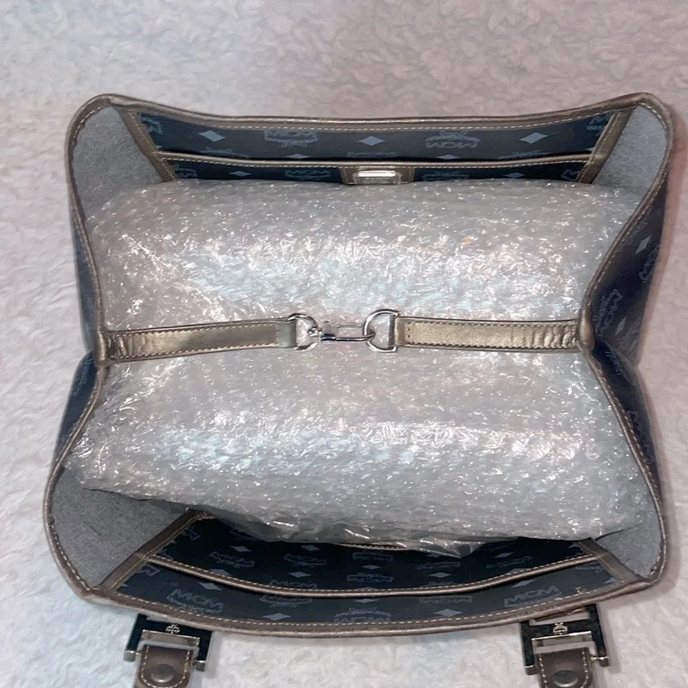 MCM Visetos Monogram Princess Lion Snakeskin Stripe Shoulder Bag Tote in Black - Picture 14 of 17